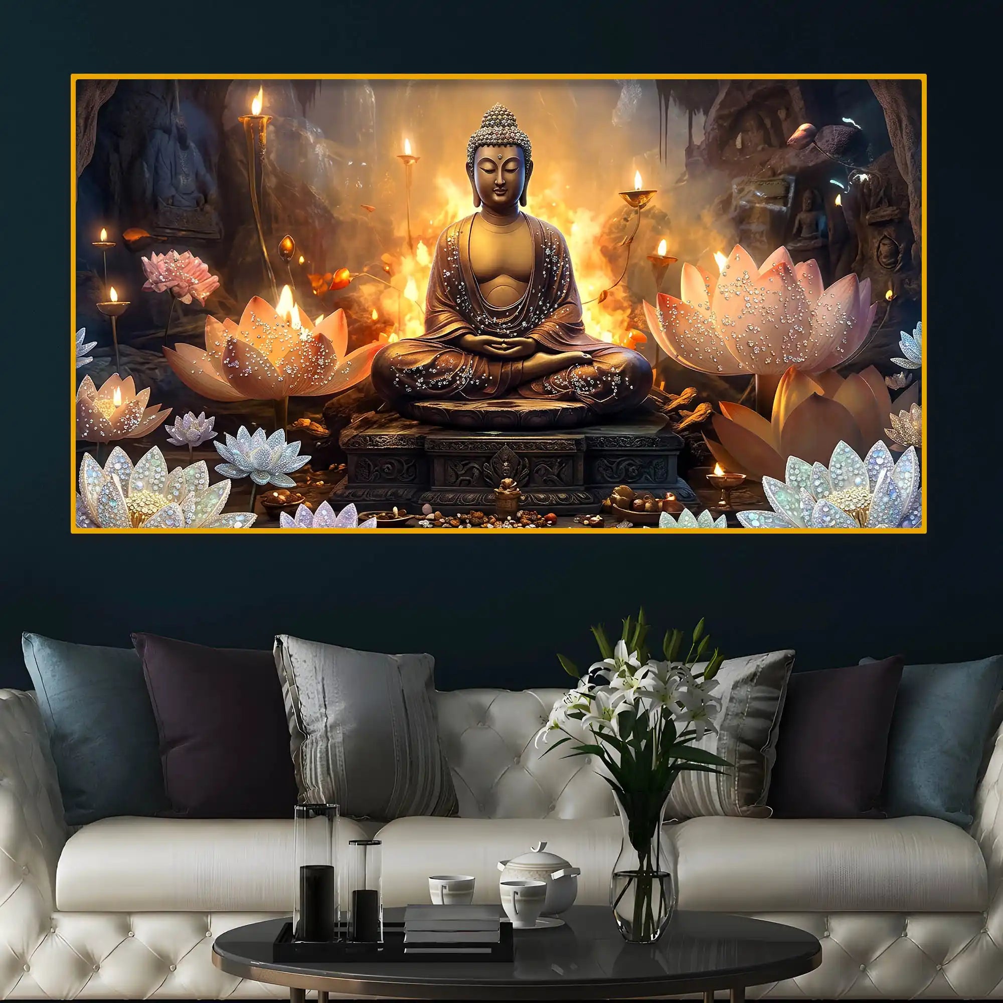 Spiritual Buddha Crystal Glass Painting for Living Room Décor