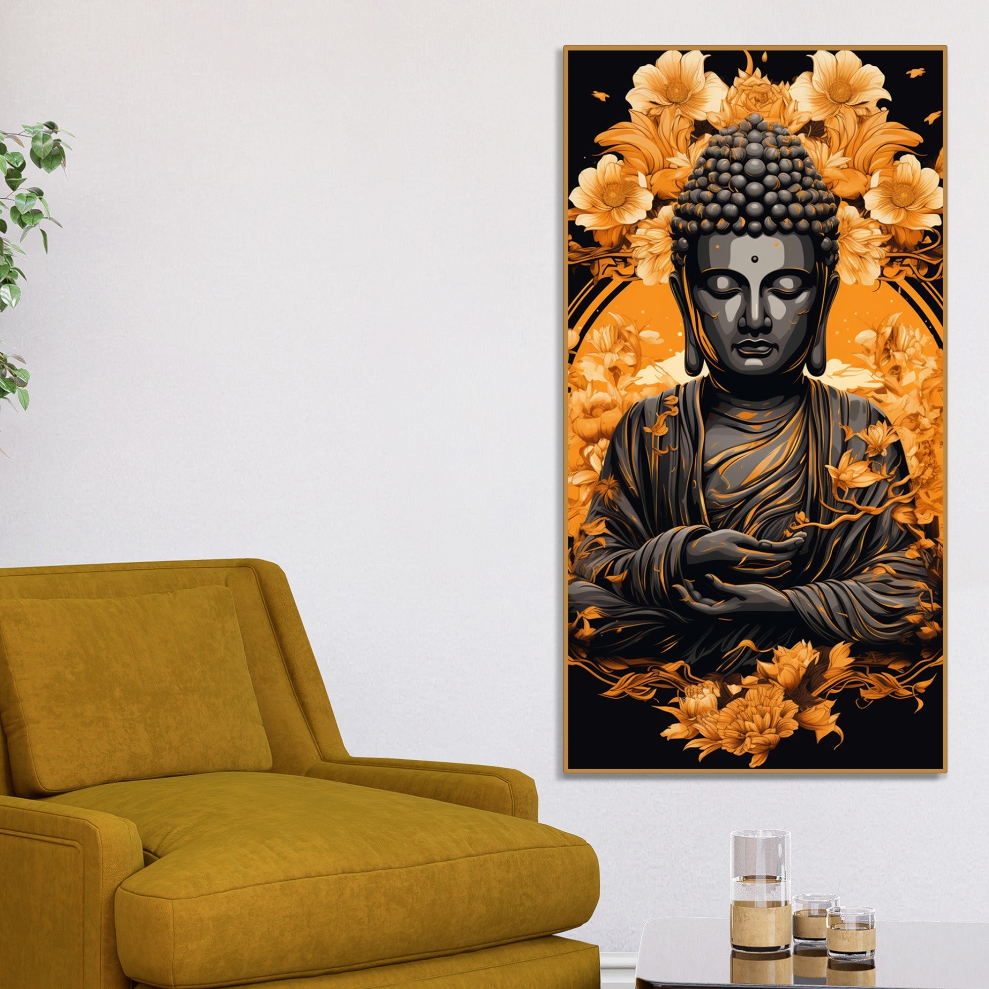 Spiritual Buddha Statue with Flowers Floral Art Canvas Wall Painting - Decor Smart