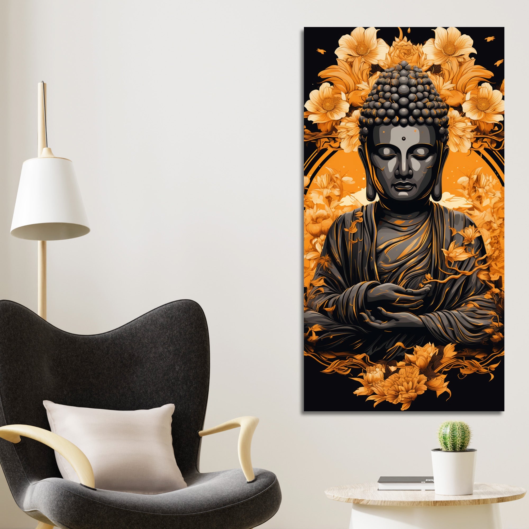 Spiritual Buddha Statue with Flowers Floral Art Canvas Wall Painting