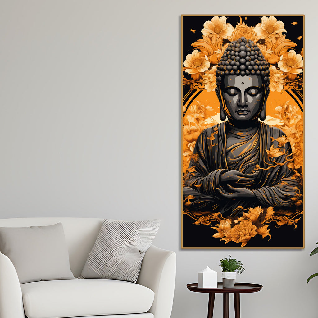 Spiritual Buddha Statue with Flowers Floral Art Canvas Wall Painting