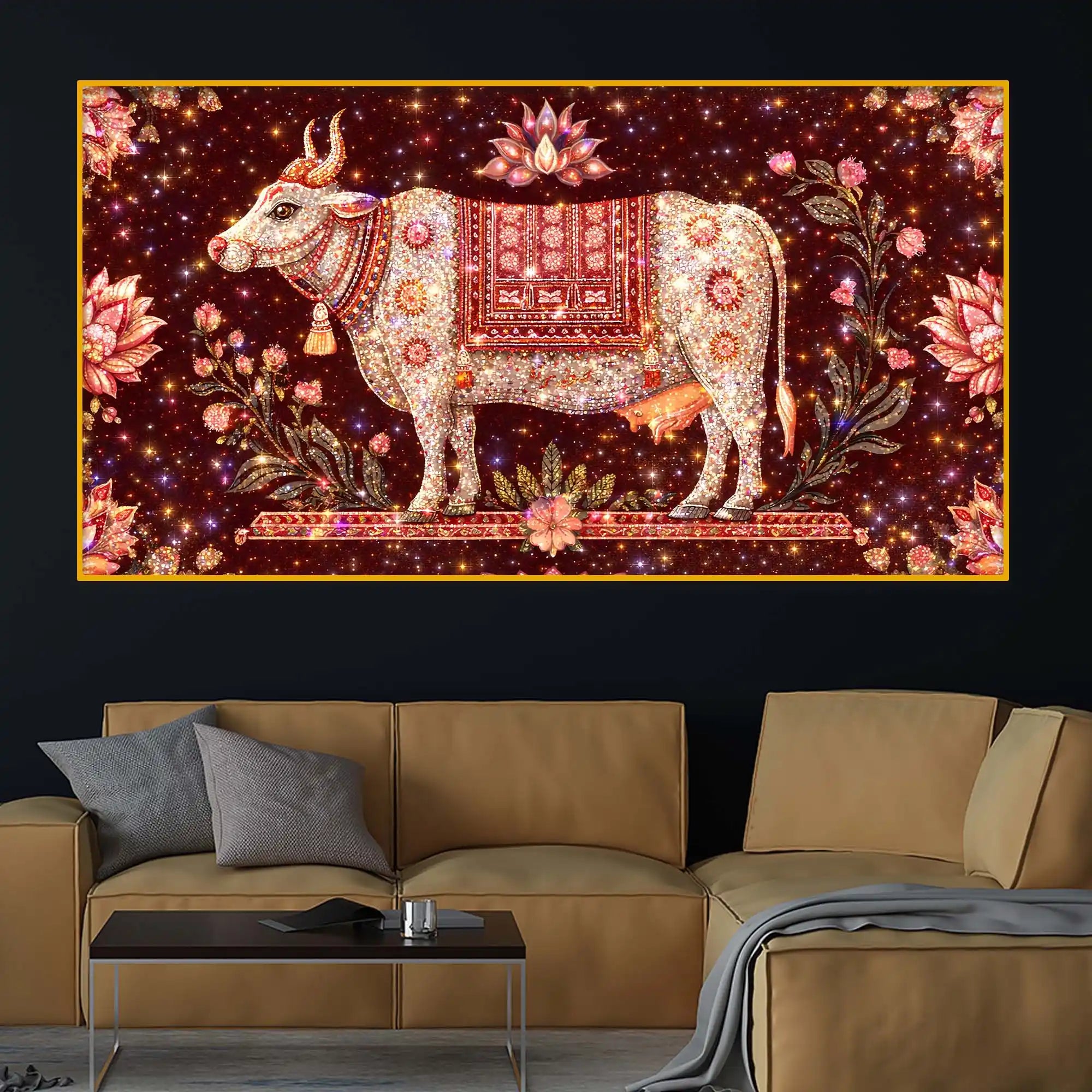 Spiritual Gau Mata Blessing Art Crystal Glass Wall Painting for Peaceful Home Ambience