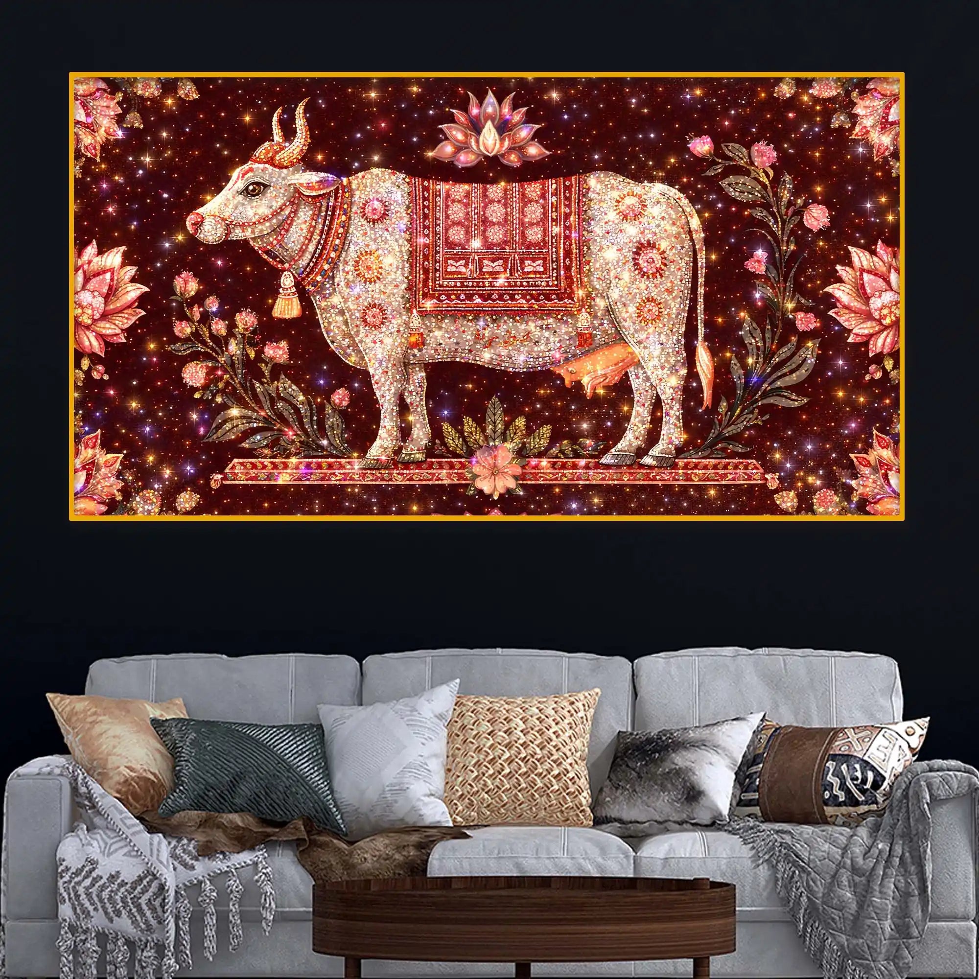 Spiritual Gau Mata Blessing Art Crystal Glass Wall Painting for Peaceful Home Ambience