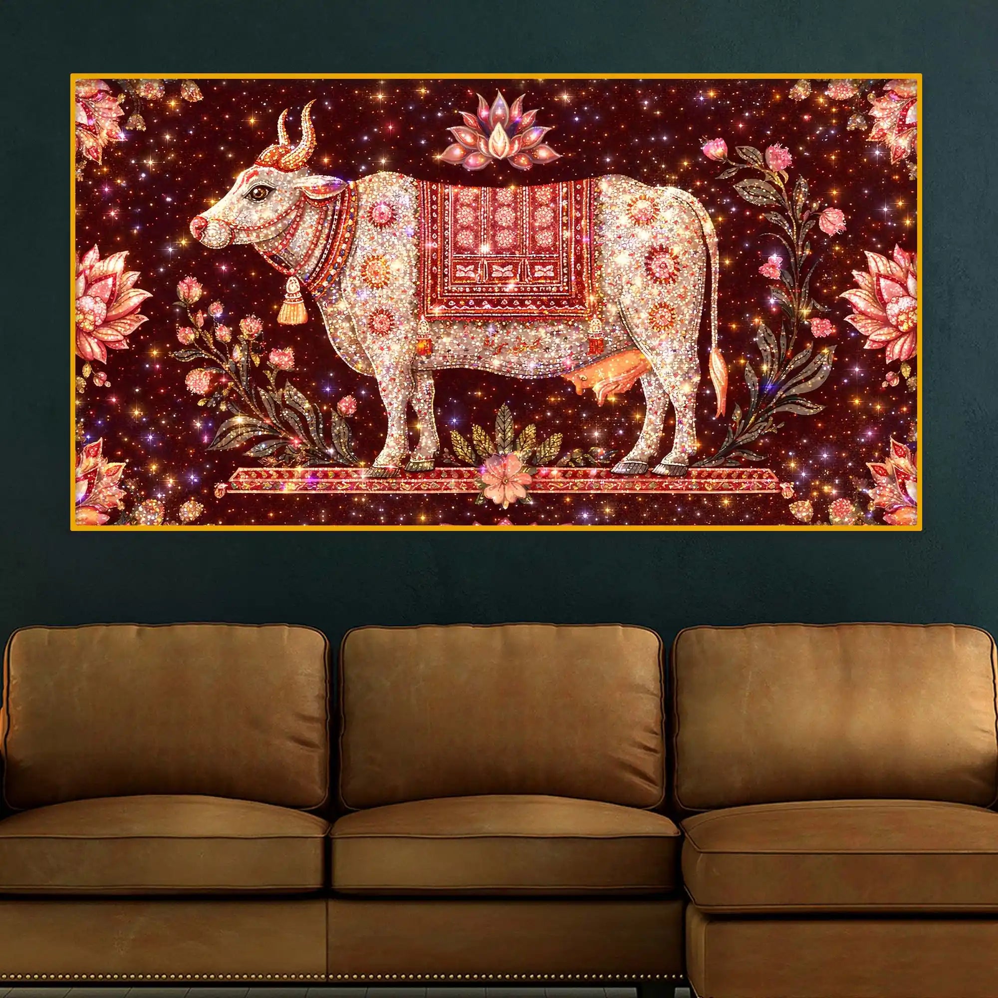 Spiritual Gau Mata Blessing Art Crystal Glass Wall Painting for Peaceful Home Ambience
