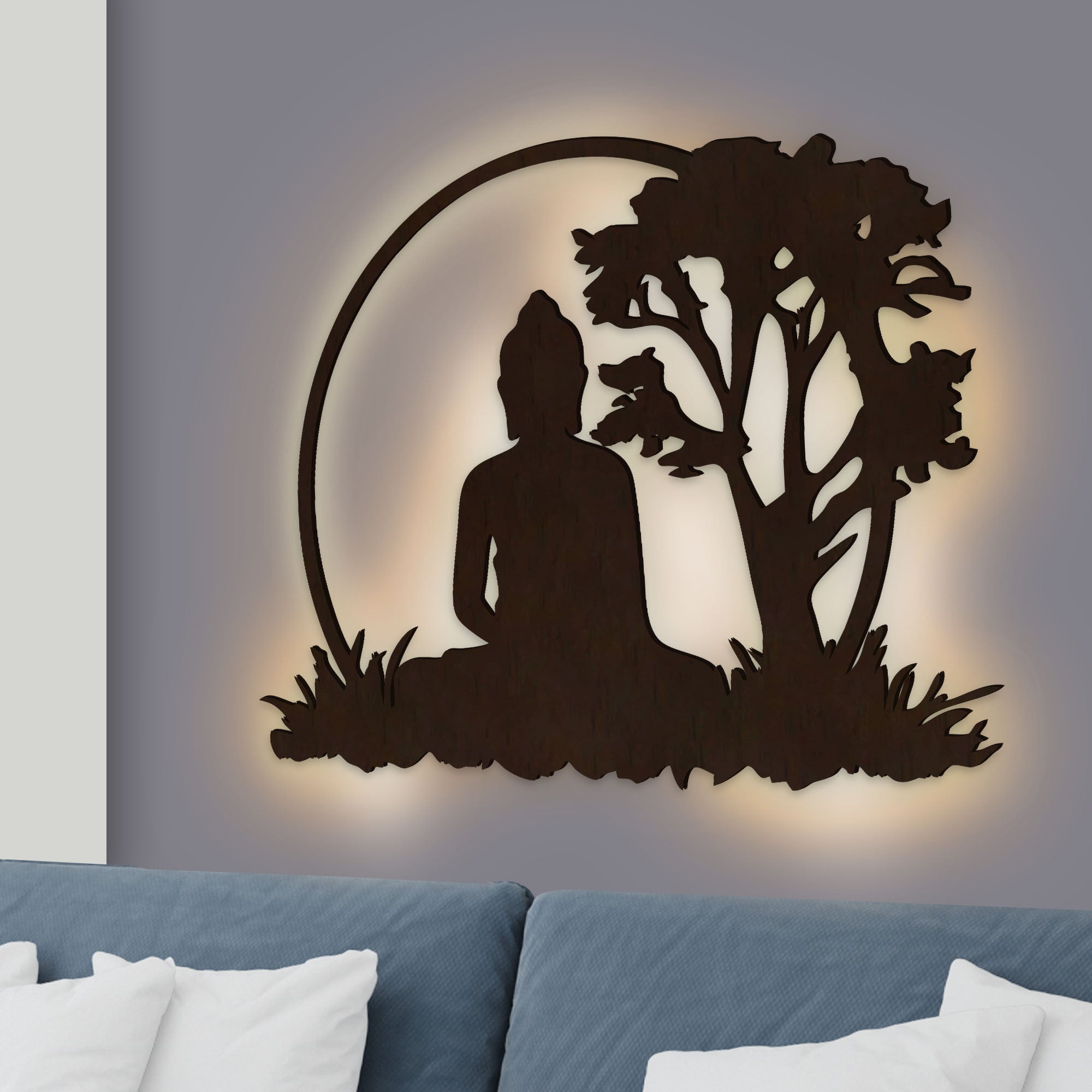 Spiritual God Buddha Art Backlit Wooden Wall Hanging with LED Night Light Walnut Finish - Decor Smart