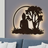 Spiritual God Buddha Art Backlit Wooden Wall Hanging with LED Night Light Walnut Finish - Decor Smart