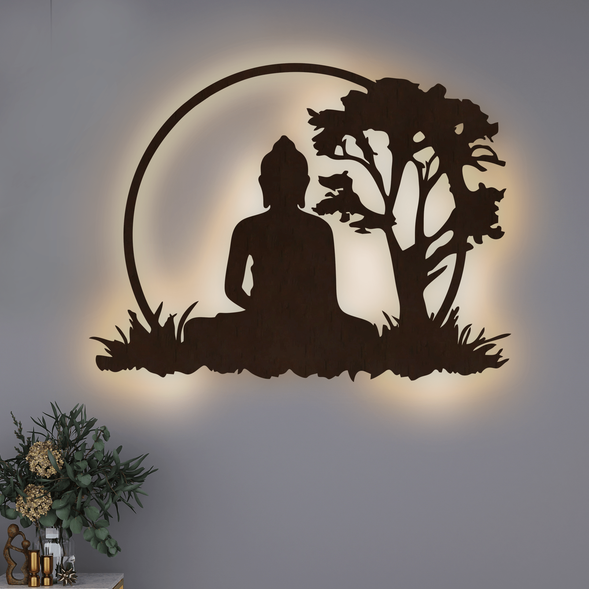 Spiritual God Buddha Art Backlit Wooden Wall Hanging with LED Night Light Walnut Finish - Decor Smart