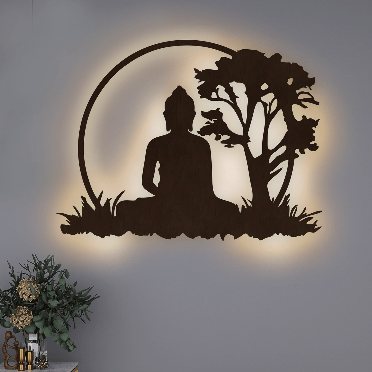 Spiritual God Buddha Art Backlit Wooden Wall Hanging with LED Night Light Walnut Finish - Decor Smart