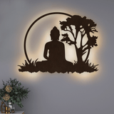 Spiritual God Buddha Art Backlit Wooden Wall Hanging with LED Night Light Walnut Finish - Decor Smart