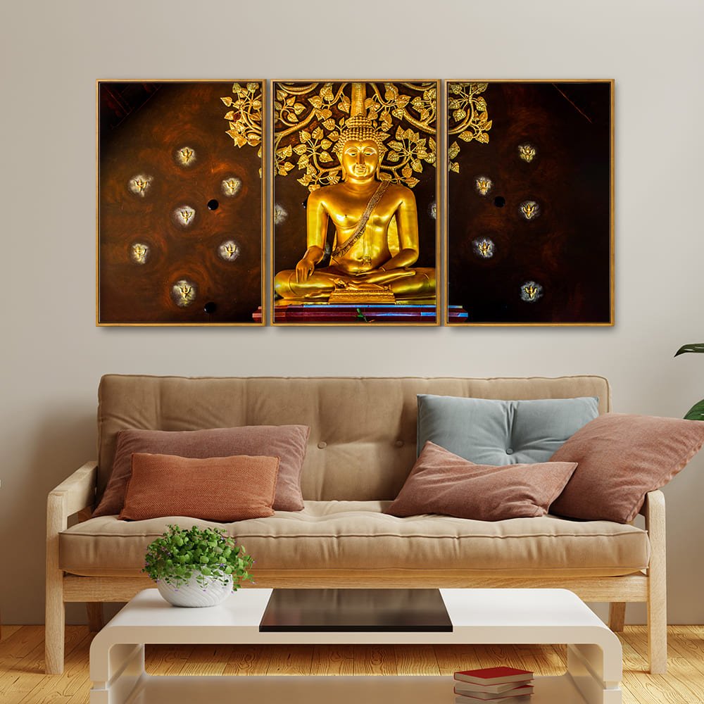Spiritual Golden Gautam Buddha Floating Canvas Wall Painting Set of Three - Decor Smart