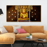 Spiritual Golden Gautam Buddha Floating Canvas Wall Painting Set of Three - Decor Smart