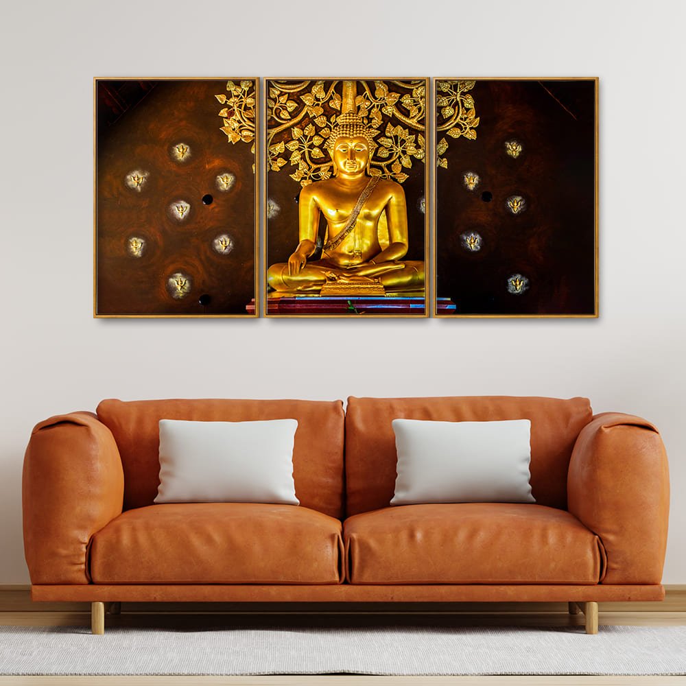 Spiritual Golden Gautam Buddha Floating Canvas Wall Painting Set of Three - Decor Smart