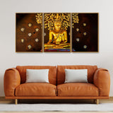 Spiritual Golden Gautam Buddha Floating Canvas Wall Painting Set of Three - Decor Smart