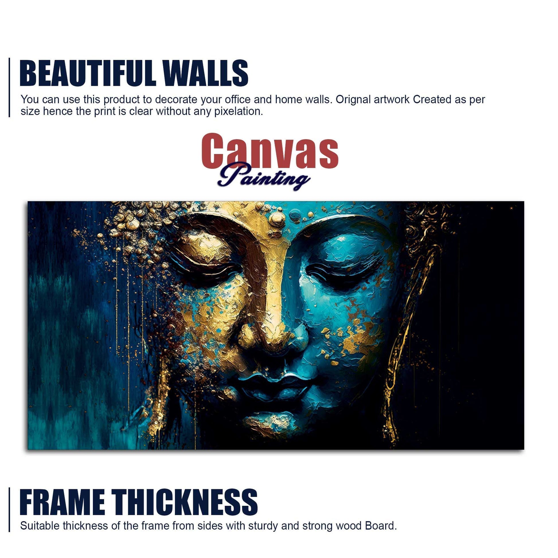 Spiritual Lord Budha face in Golden Canvas Touch Wall Painting - Decor Smart
