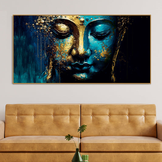 Spiritual Lord Budha Face in Golden Canvas Touch Wall Painting – Decor Smart