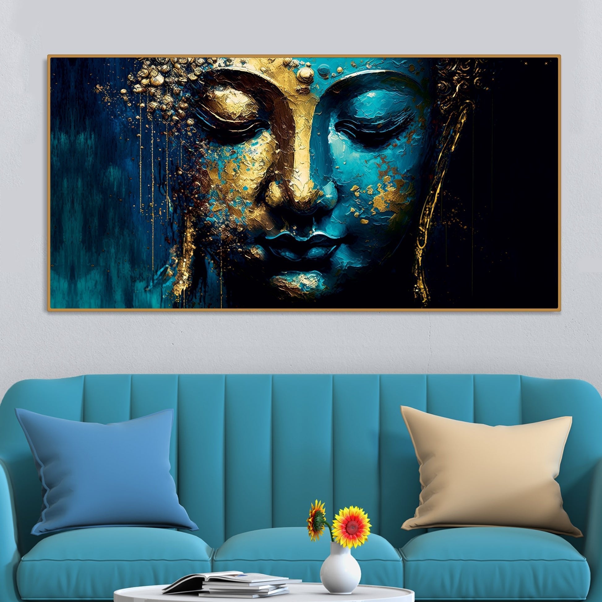 Spiritual Lord Budha face in Golden Canvas Touch Wall Painting - Decor Smart