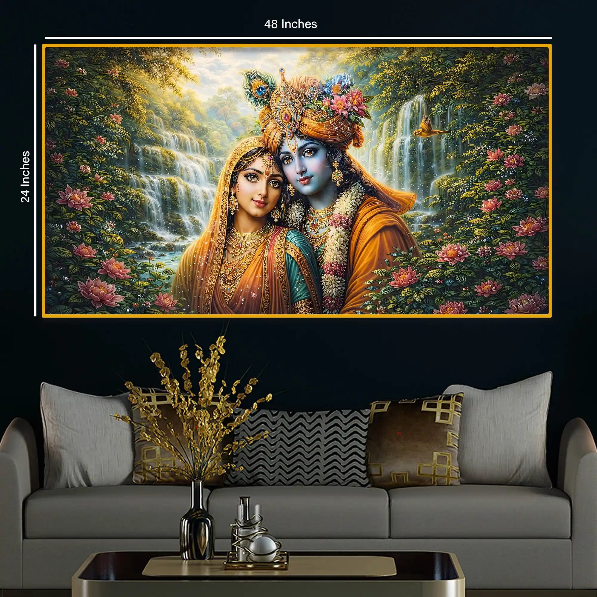 Spiritual Radha Krishna Crystal Glass Wall Art Nature Scene Painting