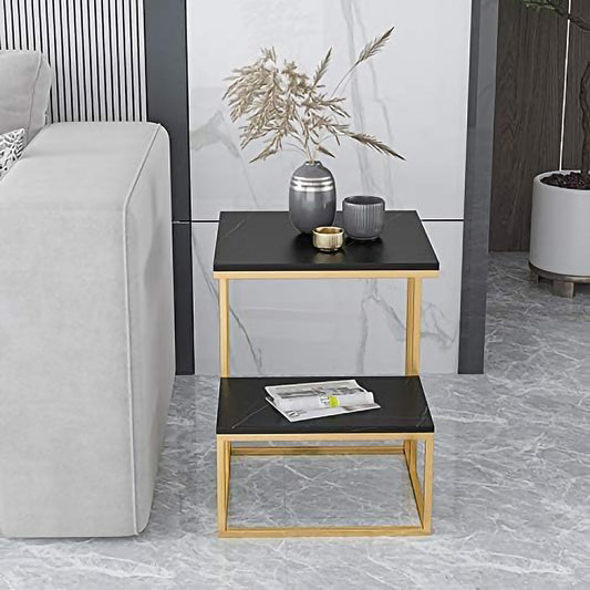 Square Geometric Elegant Golden Metal Finish Side Table with Black Marble - Decor Smart