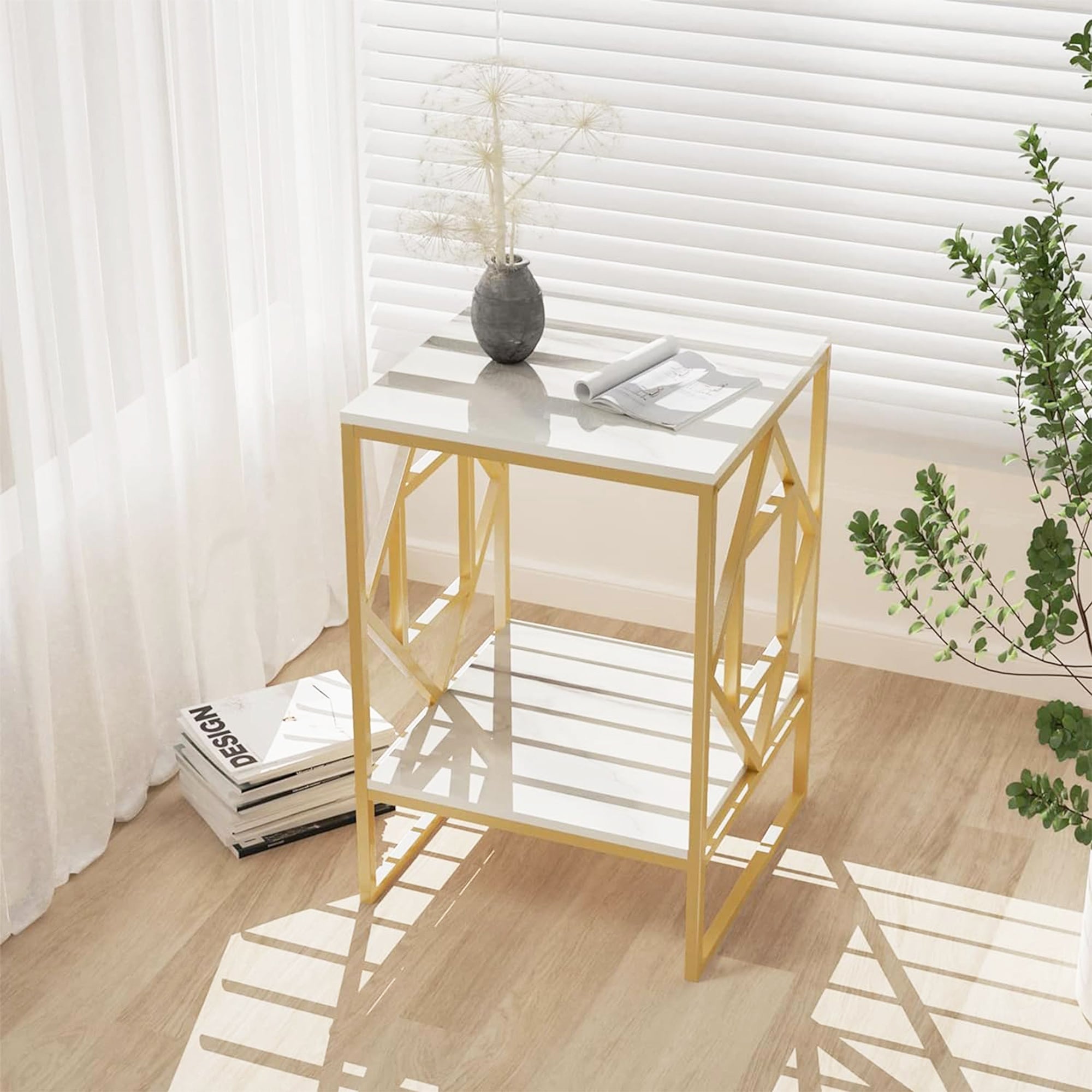Square Geometric Rhombus Frame End Side Table with Golden Metal Finish - Decor Smart