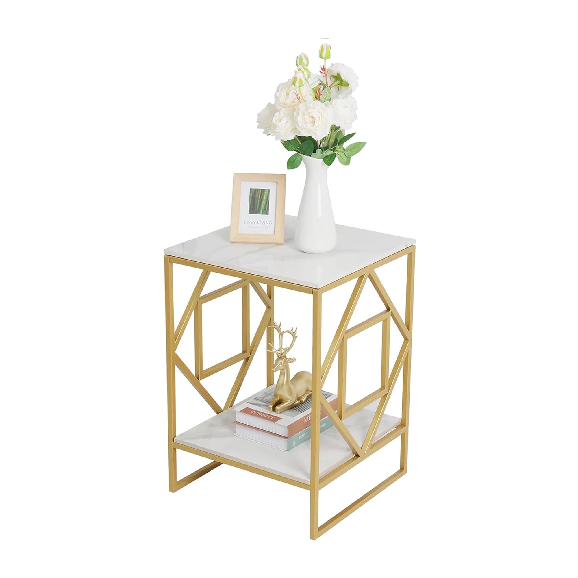 Square Geometric Rhombus Frame End Side Table with Golden Metal Finish - Decor Smart