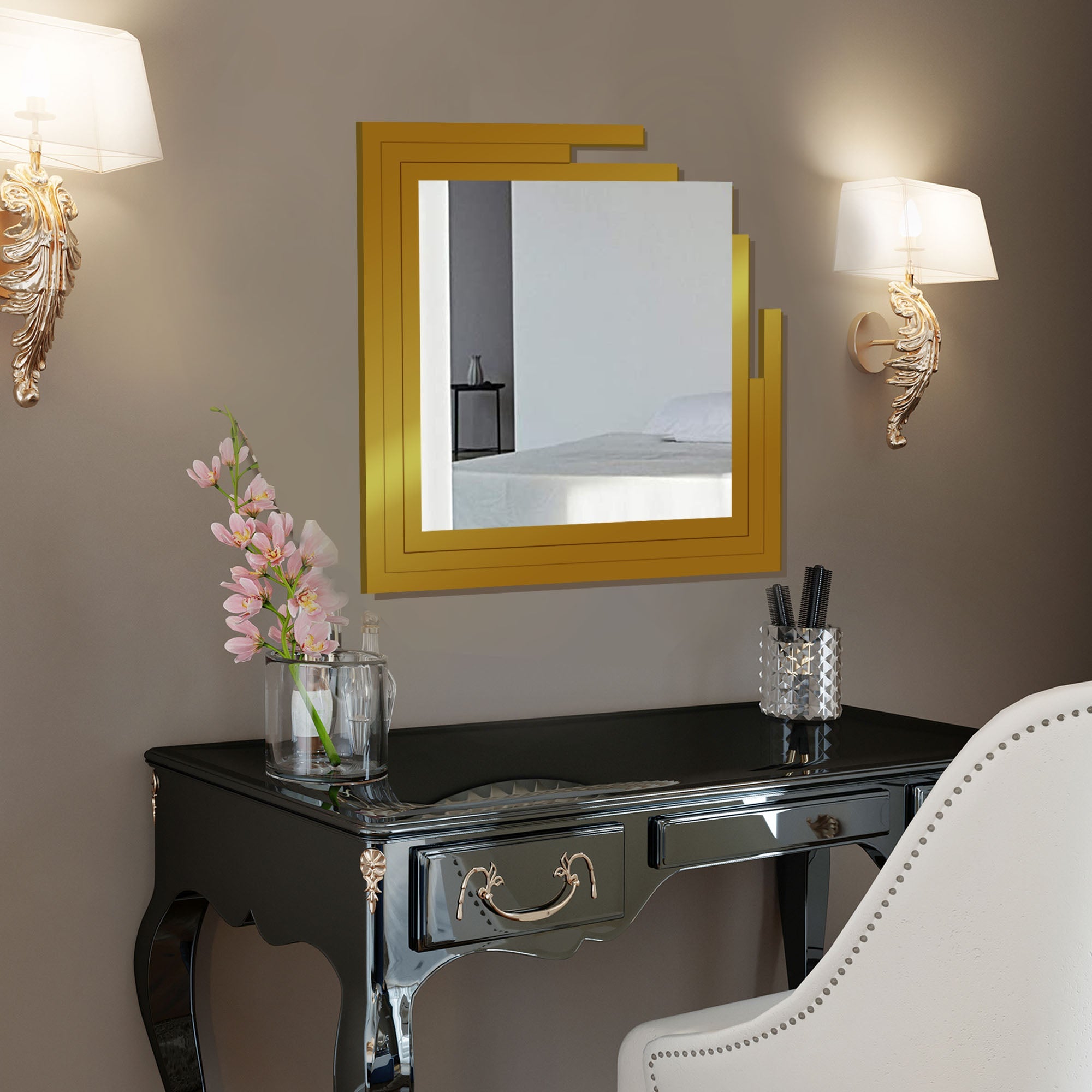 Square Shape Unique Design Wooden Wall Mirror With Gold Texture - Decor Smart
