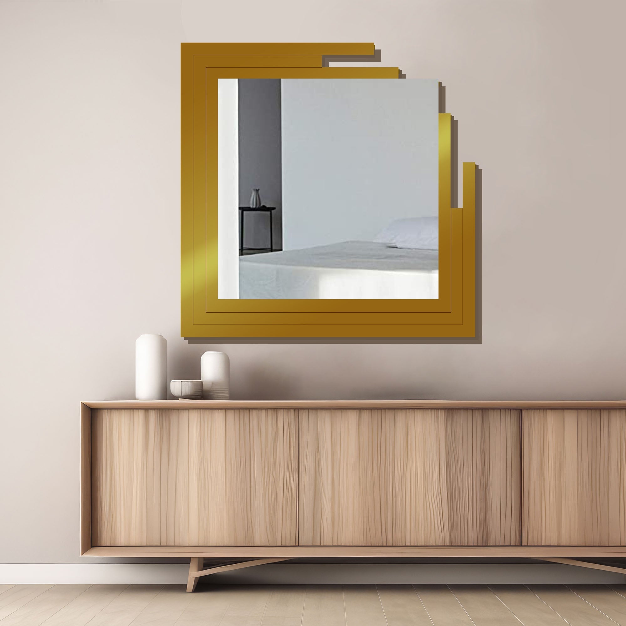 Square Shape Unique Design Wooden Wall Mirror With Gold Texture - Decor Smart