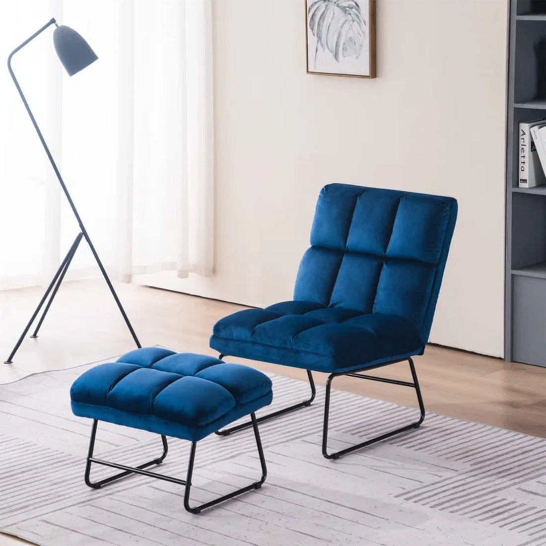 Square Tufted Design Blue Velvet Chair with Footrest - Decor Smart
