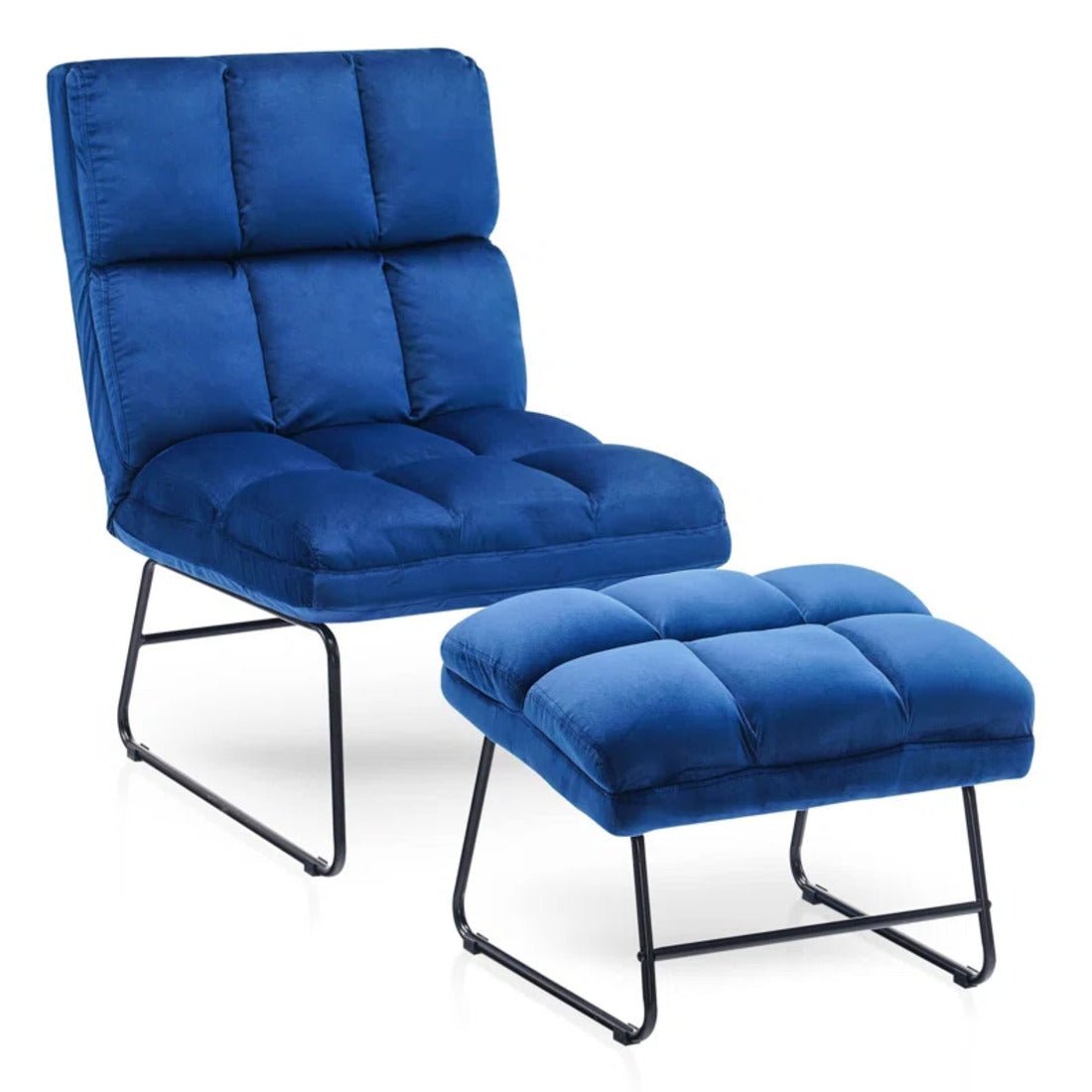 Square Tufted Design Blue Velvet Chair with Footrest - Decor Smart