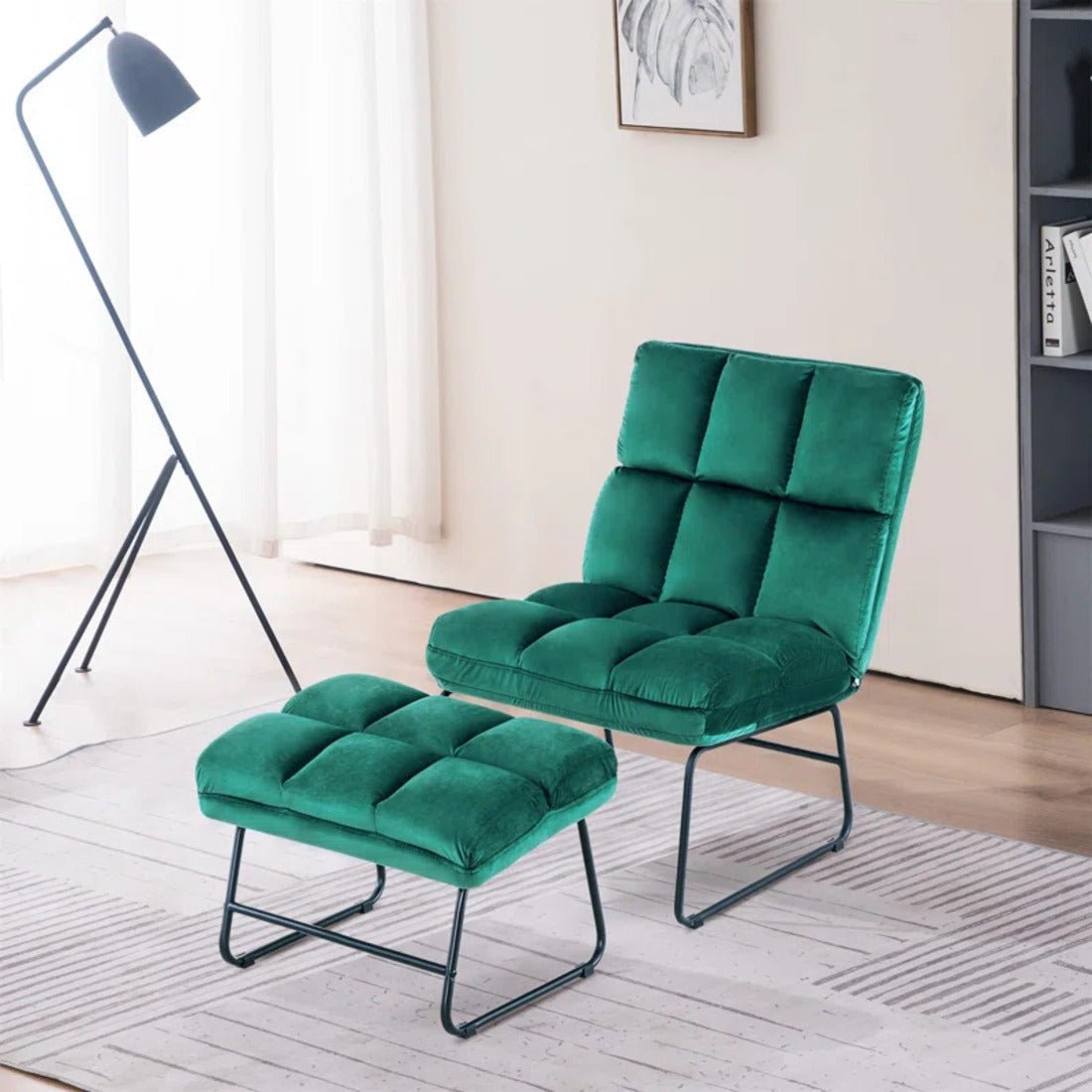 Square Tufted Design Rich Green Velvet Chair with Footrest - Decor Smart