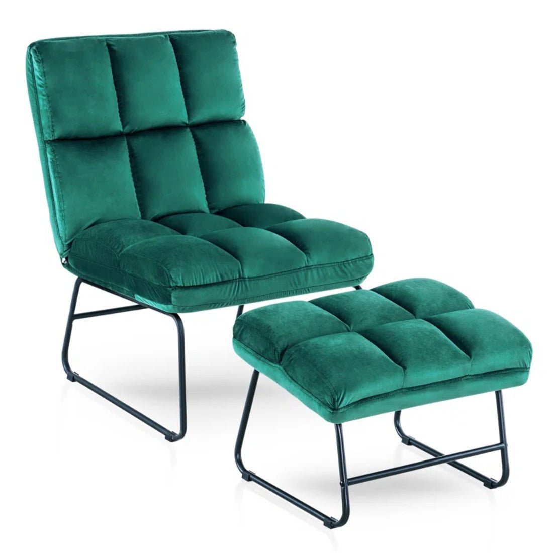 Square Tufted Design Rich Green Velvet Chair with Footrest - Decor Smart