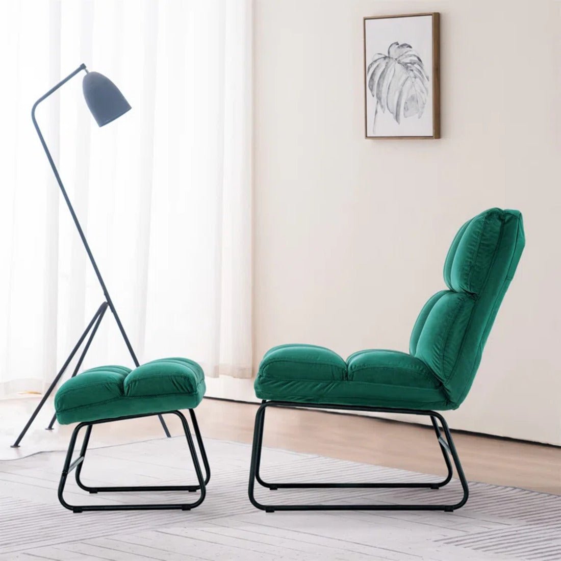 Square Tufted Design Rich Green Velvet Chair with Footrest - Decor Smart