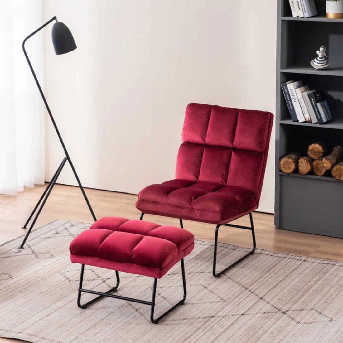 Square Tufted Rich Red Premium Velvet Chair with Footrest - Decor Smart