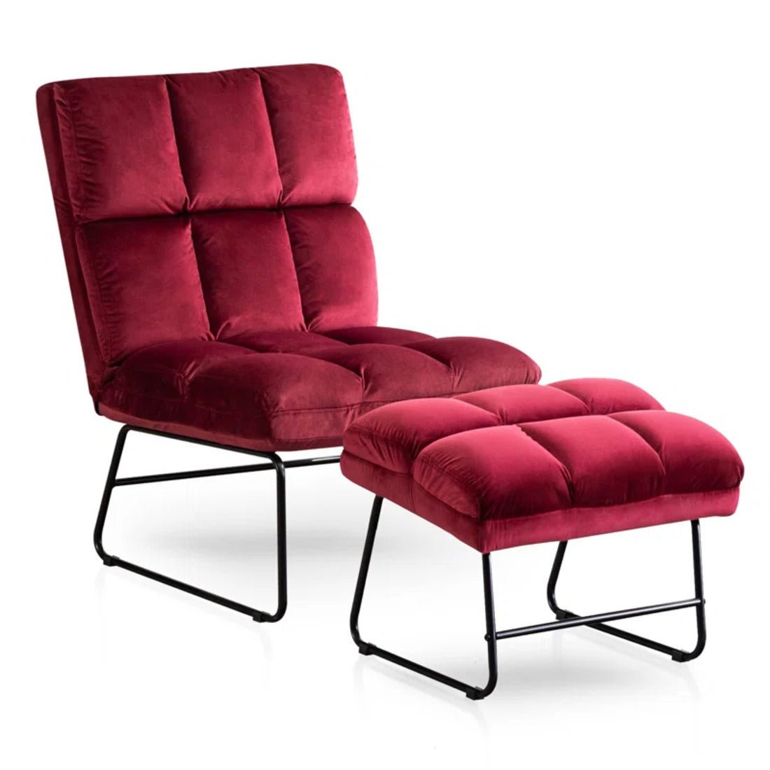 Square Tufted Rich Red Premium Velvet Chair with Footrest - Decor Smart