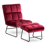 Square Tufted Rich Red Premium Velvet Chair with Footrest - Decor Smart