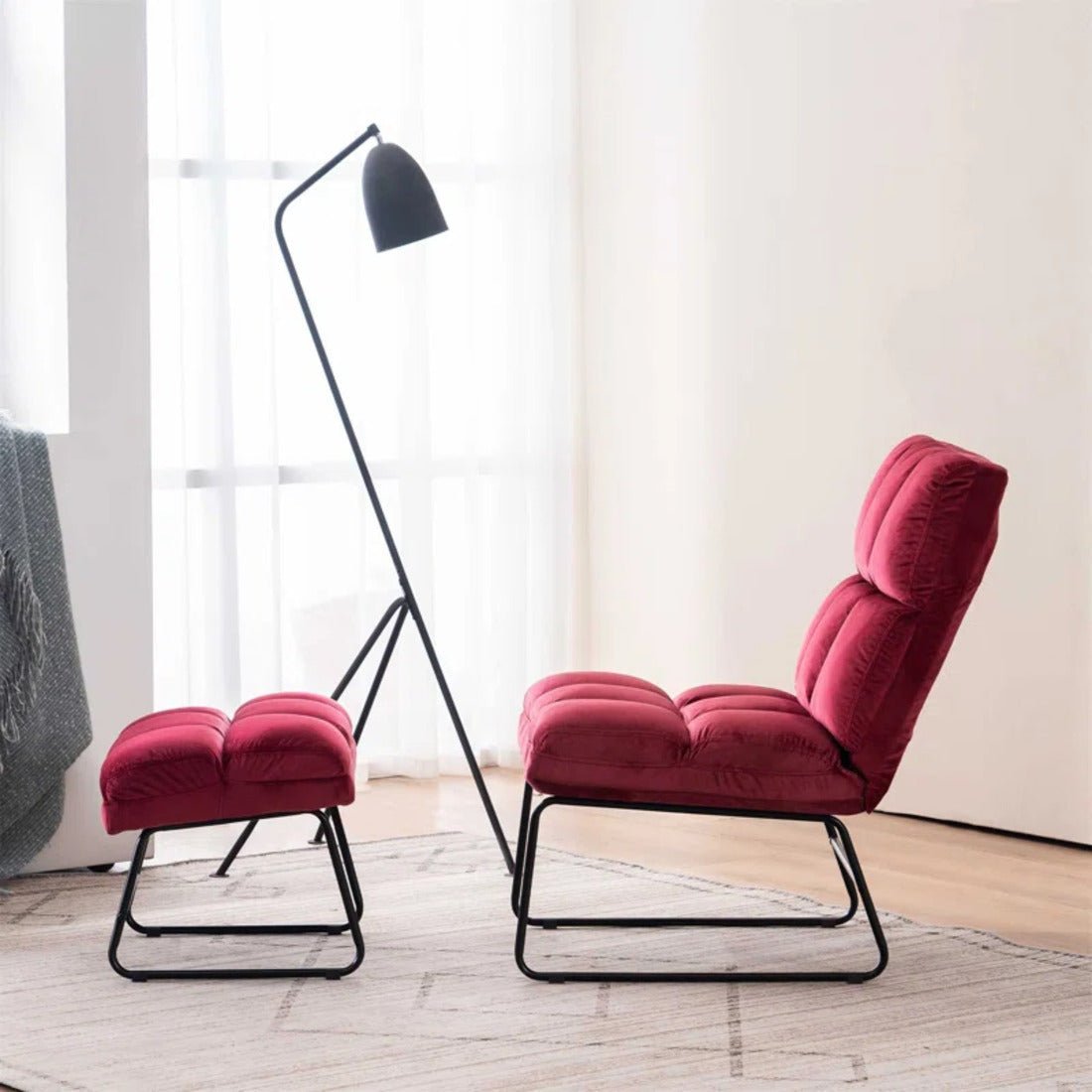 Square Tufted Rich Red Premium Velvet Chair with Footrest - Decor Smart