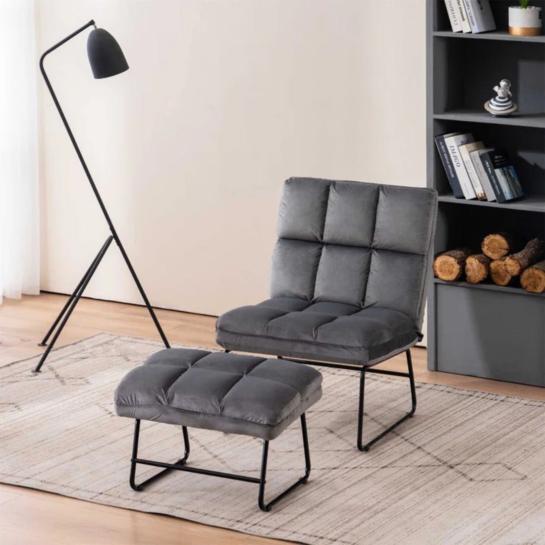 Square Tufted Style Grey Velvet Chair with Footrest - Decor Smart