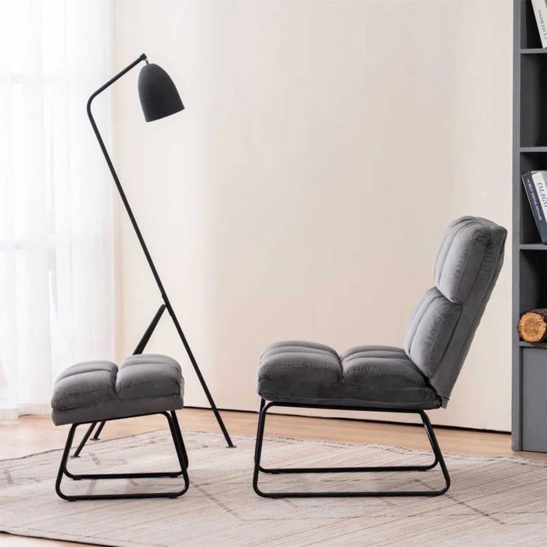 Square Tufted Style Grey Velvet Chair with Footrest - Decor Smart