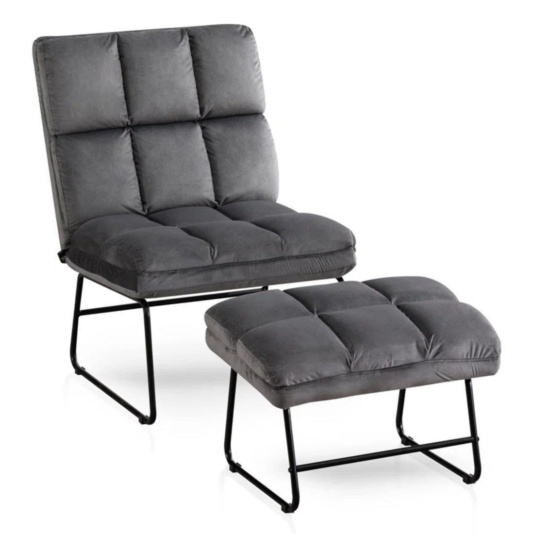 Square Tufted Style Grey Velvet Chair with Footrest - Decor Smart