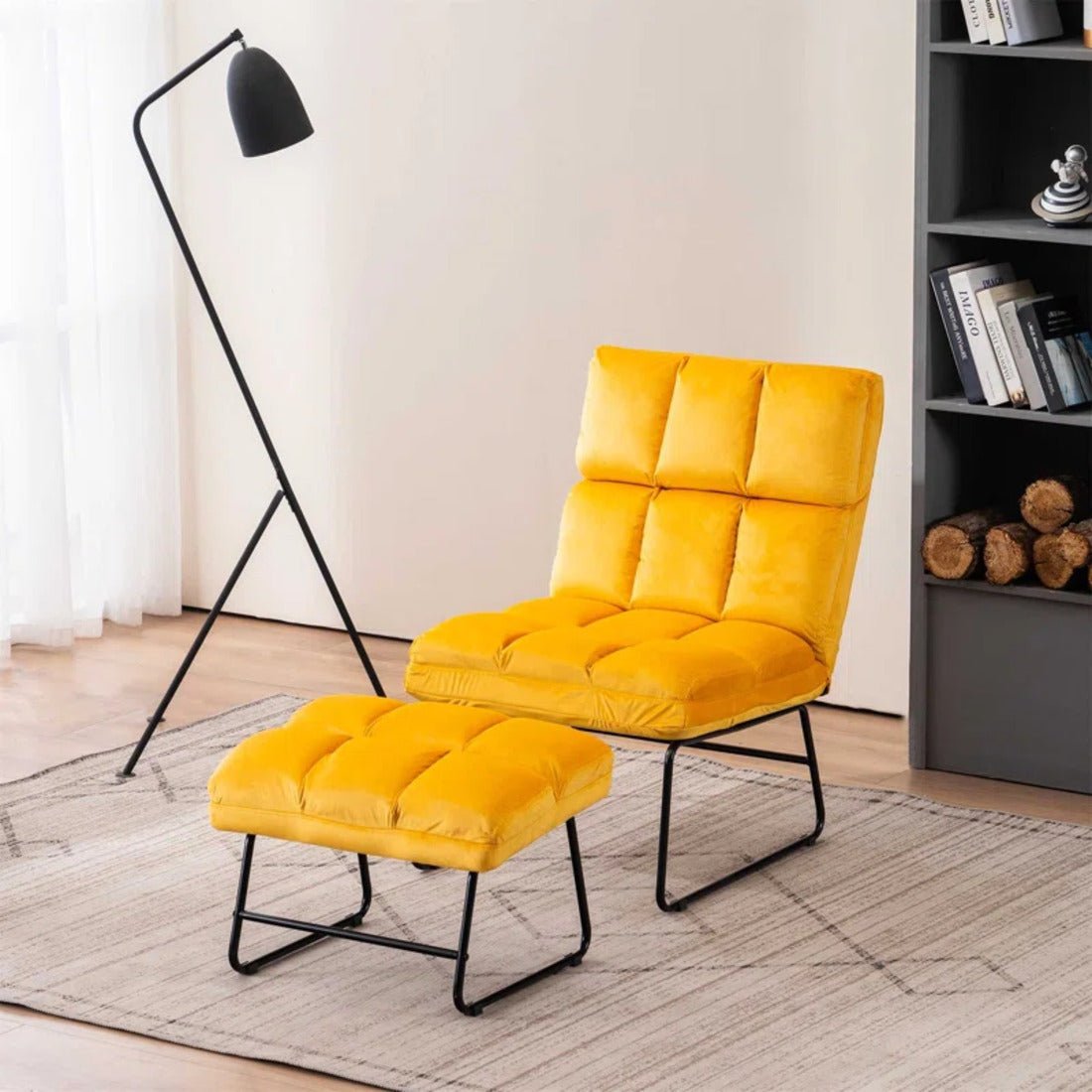 Square Tufted Style Yellow Velvet Chair with Footrest - Decor Smart