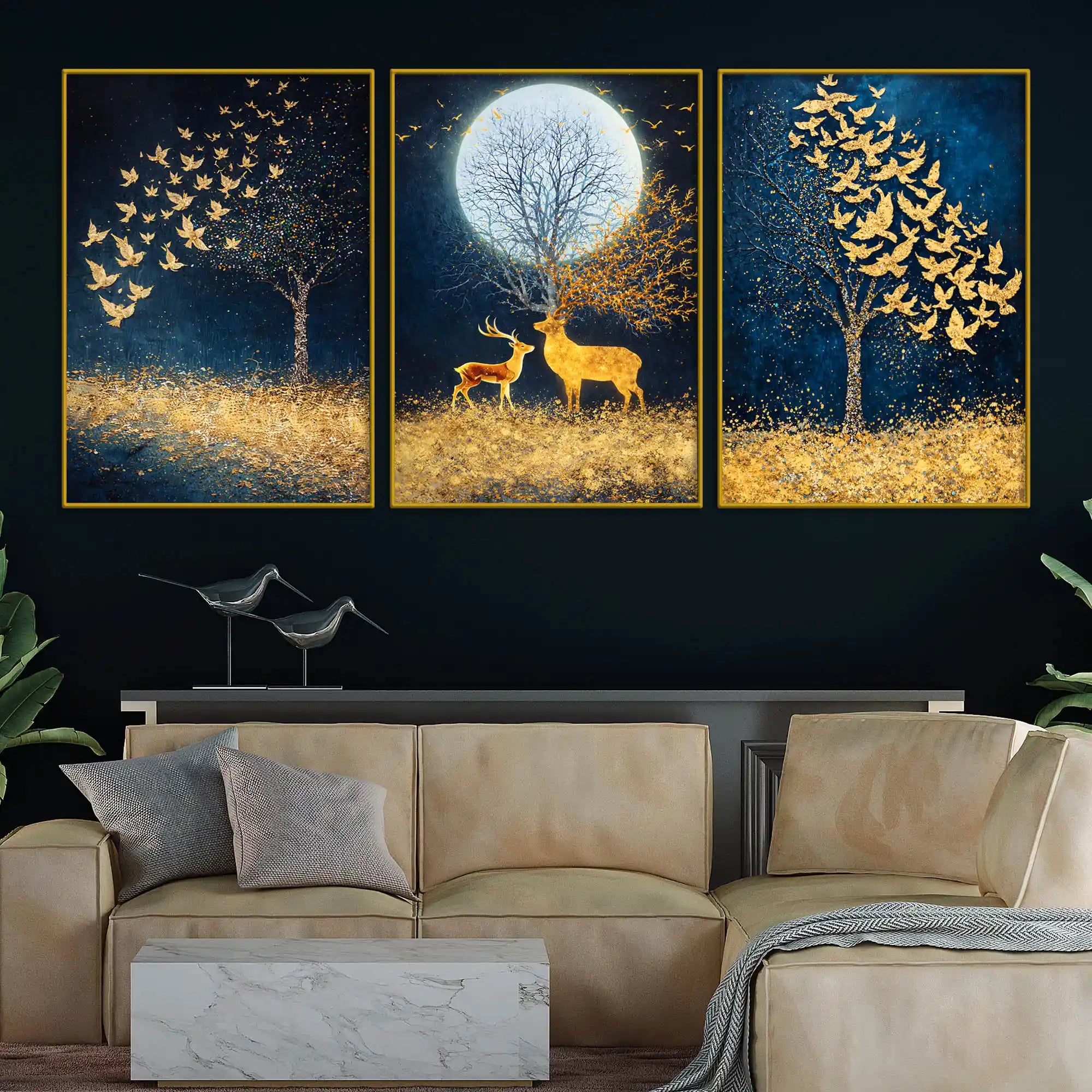 Starry Night Sky Birds & Deer Under Full Moon Floating Frame Crystal Wall Painting Set of 3