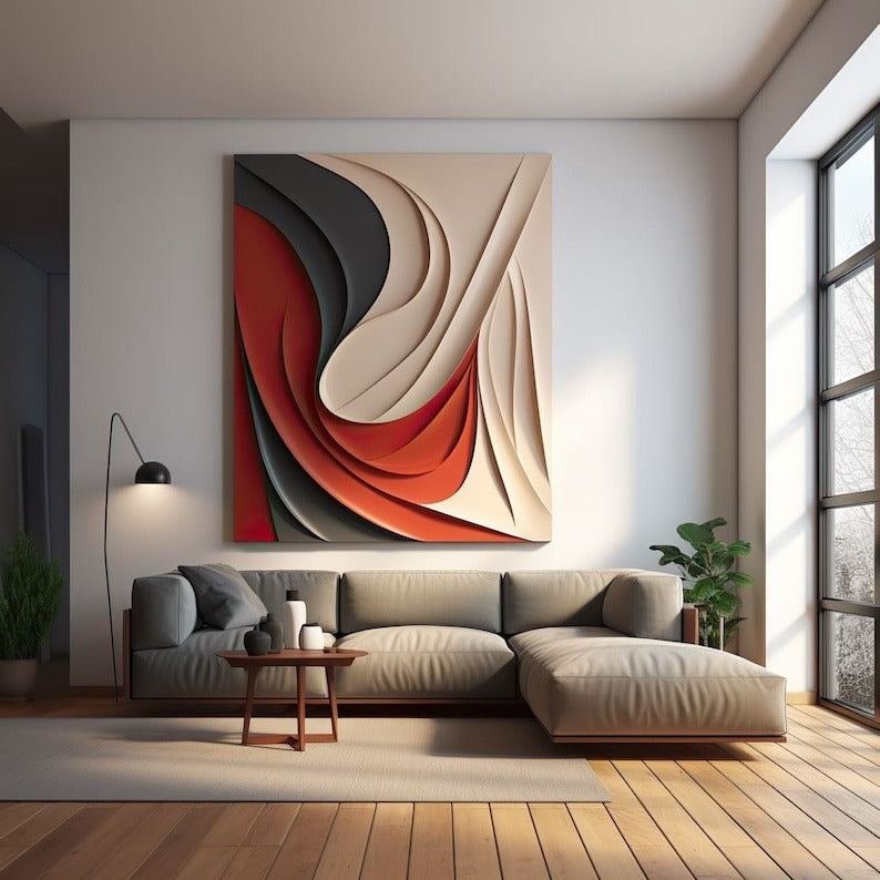 Statement 3D Wall Hanging with Red and Cream Wave Motif