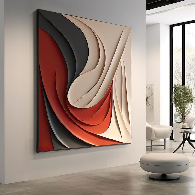 Statement 3D Wall Hanging with Red and Cream Wave Motif