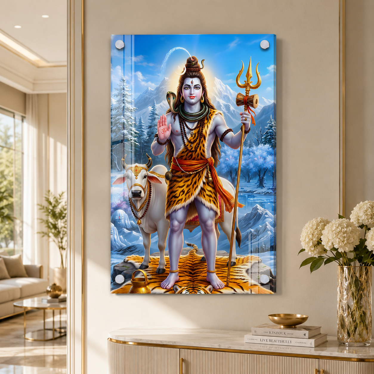 Mahadev Standing Acrylic Glass Painting with Trishul and Damru for Pooja Room