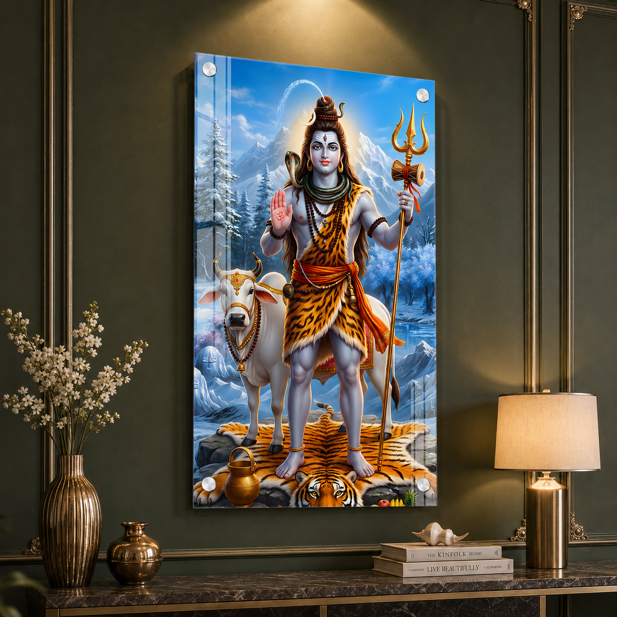 Mahadev Standing Acrylic Glass Painting with Trishul and Damru for Pooja Room