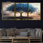 Stunning Abstract Blue Tree Floating Frame Crystal Wall Painting Set of 3