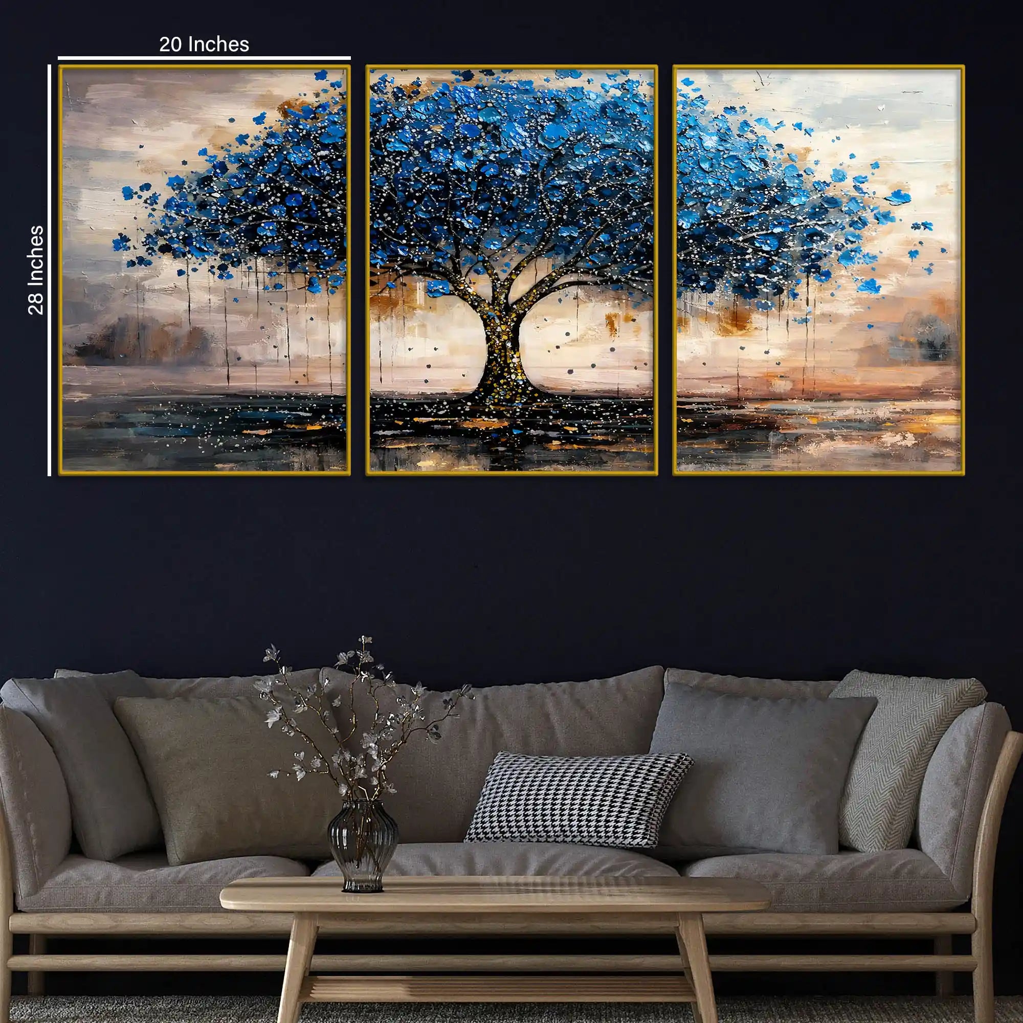 Stunning Abstract Blue Tree Floating Frame Crystal Wall Painting Set of 3