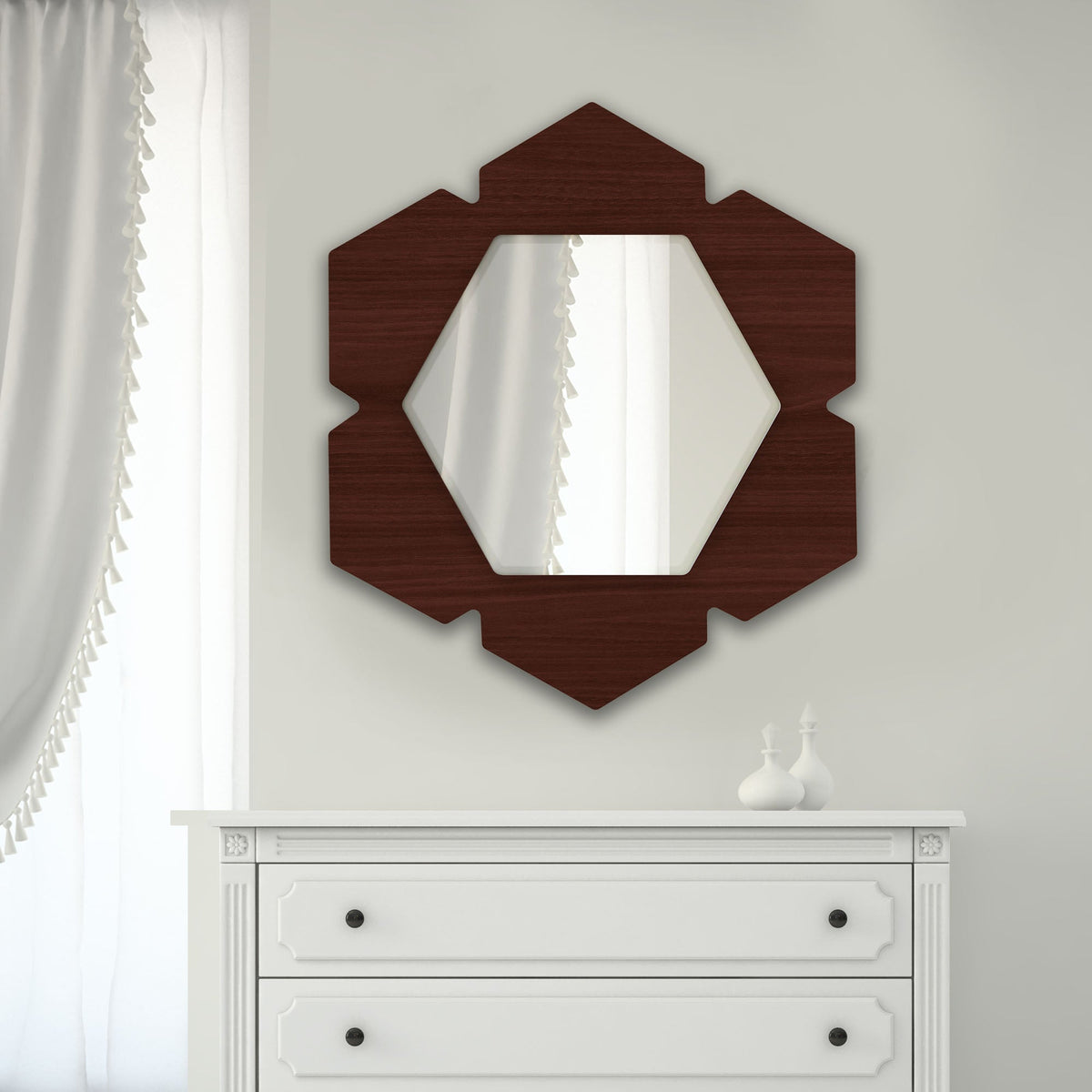 Stylish Brown Hexagon Shape Wooden Wall Mirror - Decor Smart