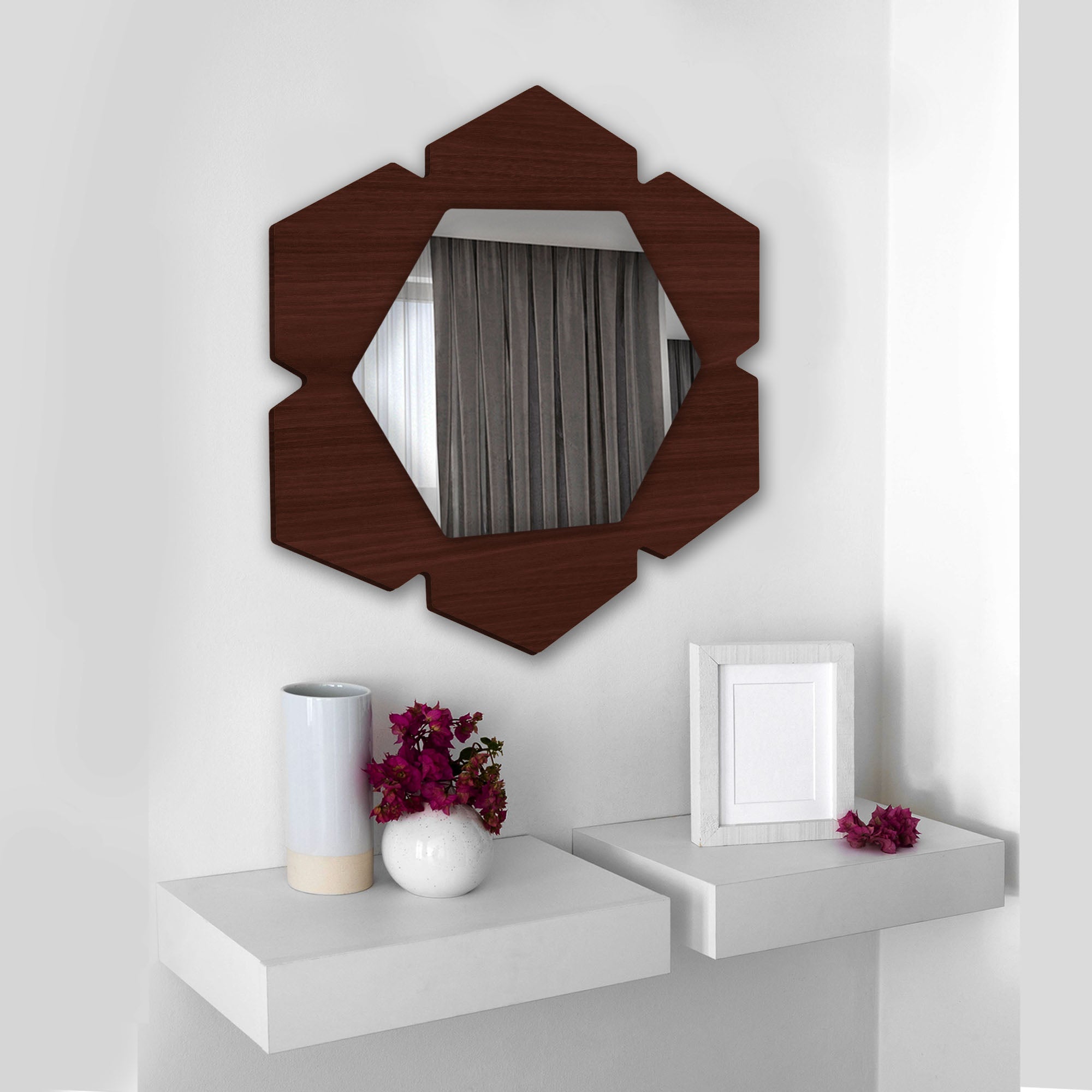 Stylish Brown Hexagon Shape Wooden Wall Mirror - Decor Smart