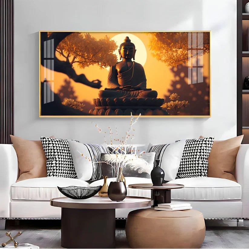 Sunset Fall Meditating Buddha Premium Acrylic Floating Wall Painting - Decor Smart