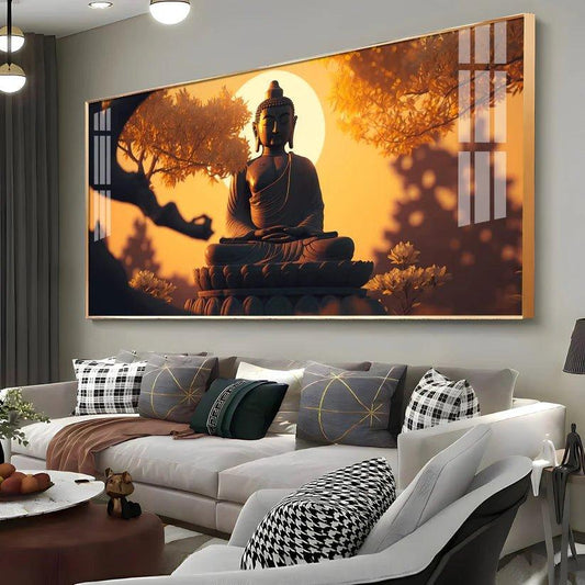 Sunset Fall Meditating Buddha Premium Acrylic Floating Wall Painting - Decor Smart