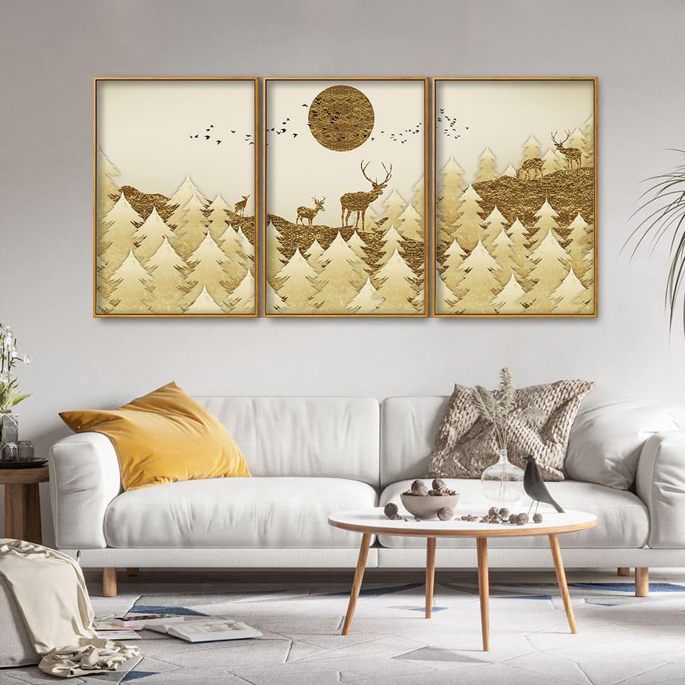 Swamp Deer in Forest Premium Floating Canvas Wall Painting Set of Three - Decor Smart